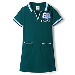 Pine Kids Disney Single Jersey Knit Half Sleeves Frock With Stitch & Angel Graphics - Dark Green