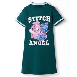 Pine Kids Disney Single Jersey Knit Half Sleeves Frock With Stitch & Angel Graphics - Dark Green