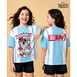 Pine Kids Disney Terry Knit Drop Shoulder Half Sleeves T-Shirt with Minnie & Daisy Graphic - Light Blue & White