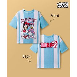Pine Kids Disney Terry Knit Drop Shoulder Half Sleeves T-Shirt with Minnie & Daisy Graphic - Light Blue & White
