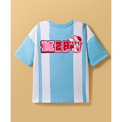 Pine Kids Disney Terry Knit Drop Shoulder Half Sleeves T-Shirt with Minnie & Daisy Graphic - Light Blue & White