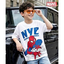 Pine Kids Marvel Single Jersey Single Jersey Drop Shoulder Half Sleeves T-Shirt with Spider-Man Graphic - White