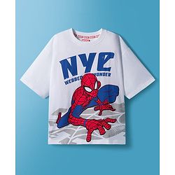 Pine Kids Marvel Single Jersey Single Jersey Drop Shoulder Half Sleeves T-Shirt with Spider-Man Graphic - White