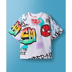 Pine Kids Marvel Terry Knit Drop Shoulder Half Sleeves T-Shirt with Spider-Man All Over Print  - White