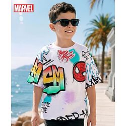 Pine Kids Marvel Terry Knit Drop Shoulder Half Sleeves T-Shirt with Spider-Man All Over Print  - White