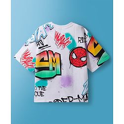 Pine Kids Marvel Terry Knit Drop Shoulder Half Sleeves T-Shirt with Spider-Man All Over Print  - White