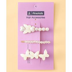 Pine Kids Free Size Hair Pins with  Pearl & Butterfly Applique Pack of 3  - White