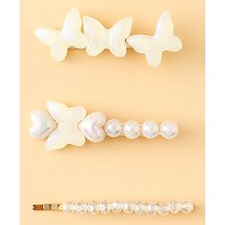 Pine Kids Free Size Hair Pins with  Pearl & Butterfly Applique Pack of 3  - White