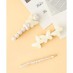 Pine Kids Free Size Hair Pins with  Pearl & Butterfly Applique Pack of 3  - White