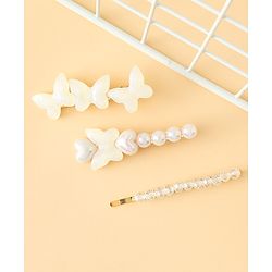 Pine Kids Free Size Hair Pins with  Pearl & Butterfly Applique Pack of 3  - White