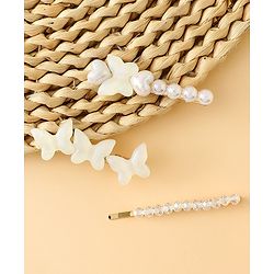 Pine Kids Free Size Hair Pins with  Pearl & Butterfly Applique Pack of 3  - White