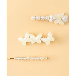 Pine Kids Free Size Hair Pins with  Pearl & Butterfly Applique Pack of 3  - White