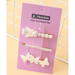 Pine Kids Free Size Hair Pins with  Pearl & Butterfly Applique Pack of 3  - White