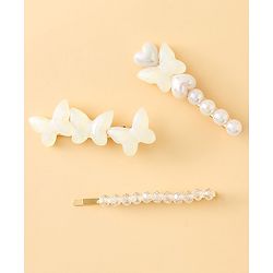 Pine Kids Free Size Hair Pins with  Pearl & Butterfly Applique Pack of 3  - White