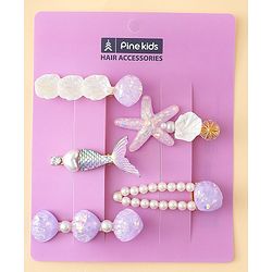 Pine Kids Hair Pins And Clips With Pearls & Sea Life Applique Pack of 5 - Purple
