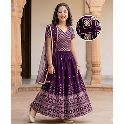 Pine Kids Woven Half Sleeves Lehenga Choli Set With Floral Embroidery & Dupatta - Wine