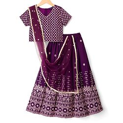 Pine Kids Woven Half Sleeves Lehenga Choli Set With Floral Embroidery & Dupatta - Wine