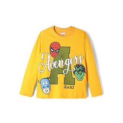 Pine Kids Marvel Single Jersey Knit Full Sleeves T-Shirt & Pyjama Night Suit With Avengers Graphics - Yellow & Olive Green