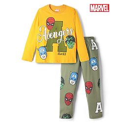 Pine Kids Marvel Single Jersey Knit Full Sleeves T-Shirt & Pyjama Night Suit With Avengers Graphics - Yellow & Olive Green