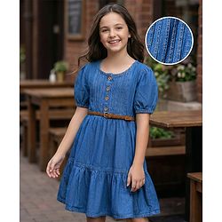 Pine Kids Cotton Woven Half Sleeves Solid Frock With Belt - Blue