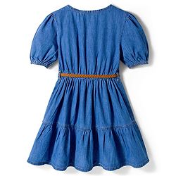Pine Kids Cotton Woven Half Sleeves Solid Frock With Belt - Blue