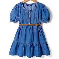 Pine Kids Cotton Woven Half Sleeves Solid Frock With Belt - Blue