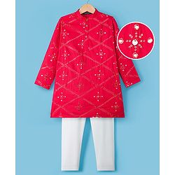 Pine Kids Woven Full Sleeves Kurta Pajama Set with Sequin Detailing - Red