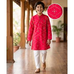 Pine Kids Woven Full Sleeves Kurta Pajama Set with Sequin Detailing - Red