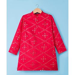 Pine Kids Woven Full Sleeves Kurta Pajama Set with Sequin Detailing - Red