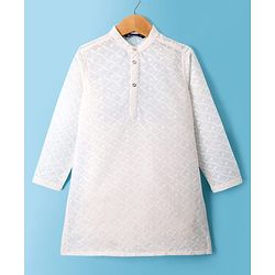Pine Kids Cotton Woven Full Sleeves Kurta Pyjama Set With Floral Embroidery - White