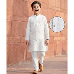 Pine Kids Cotton Woven Full Sleeves Kurta Pyjama Set With Floral Embroidery - White