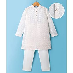 Pine Kids Cotton Woven Full Sleeves Kurta Pyjama Set With Floral Embroidery - White