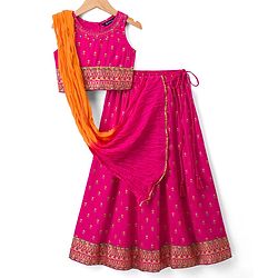 Pine Kids Viscose Woven Sleeveless Lehenga Choli & Dupatta With Floral Print & Embroidery - Pink