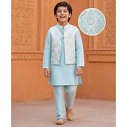 Pine Kids Woven Full Sleeves Kurta Pajama & Jacket Set With Floral Embriodery - Light Blue