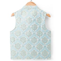 Pine Kids Woven Full Sleeves Kurta Pajama & Jacket Set With Floral Embriodery - Light Blue