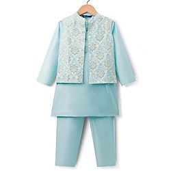 Pine Kids Woven Full Sleeves Kurta Pajama & Jacket Set With Floral Embriodery - Light Blue