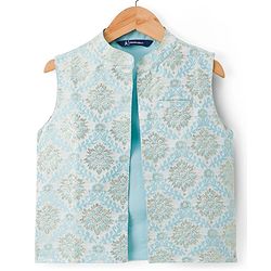Pine Kids Woven Full Sleeves Kurta Pajama & Jacket Set With Floral Embriodery - Light Blue