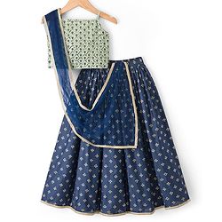 Pine Kids Woven Sleeveless Choli Lehenga Set with Dupatta Sequin Detailing & Floral Glitter Print - Navy Blue