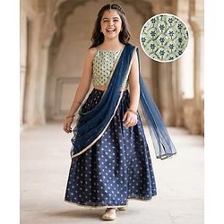 Pine Kids Woven Sleeveless Choli Lehenga Set with Dupatta Sequin Detailing & Floral Glitter Print - Navy Blue