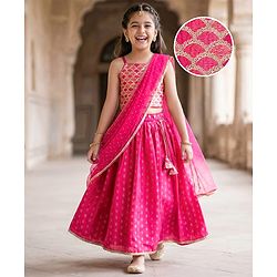 Pine Kids Woven Sleeveless Choli Lehenga Set with Dupatta Embroidery & Foil Print - Pink