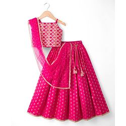 Pine Kids Woven Sleeveless Choli Lehenga Set with Dupatta Embroidery & Foil Print - Pink