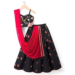 Pine Kids Woven Sleeveless Choli Lehenga Set with Floral Embroidery - Black