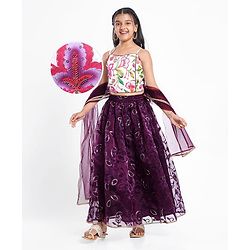Pine Kids Woven Sleeveless Choli Lehenga Set with Dupatta Sequin Detailing & Floral Print - Purple