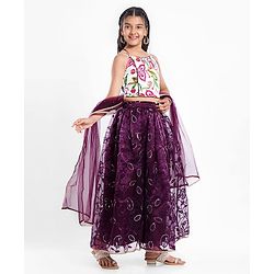 Pine Kids Woven Sleeveless Choli Lehenga Set with Dupatta Sequin Detailing & Floral Print - Purple