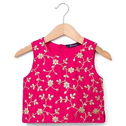 Pine Kids Woven Sleeveless Floral Embroidered Choli Lehenga Set with Dupatta - Dark Pink