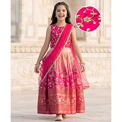 Pine Kids Woven Sleeveless Floral Embroidered Choli Lehenga Set with Dupatta - Dark Pink