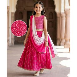 Pine Kids Woven Sleeveless Choli Lehenga Set with Dupatta Glitter Print - Pink