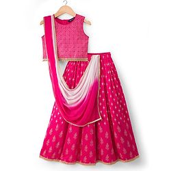 Pine Kids Woven Sleeveless Choli Lehenga Set with Dupatta Glitter Print - Pink