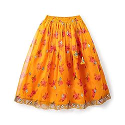 Pine Kids Woven Sleeveless Choli Lehenga & Dupatta Set With Floral Print & Sequin Embroidery - Yellow
