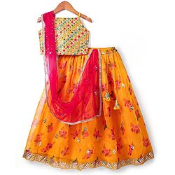 Pine Kids Woven Sleeveless Choli Lehenga & Dupatta Set With Floral Print & Sequin Embroidery - Yellow